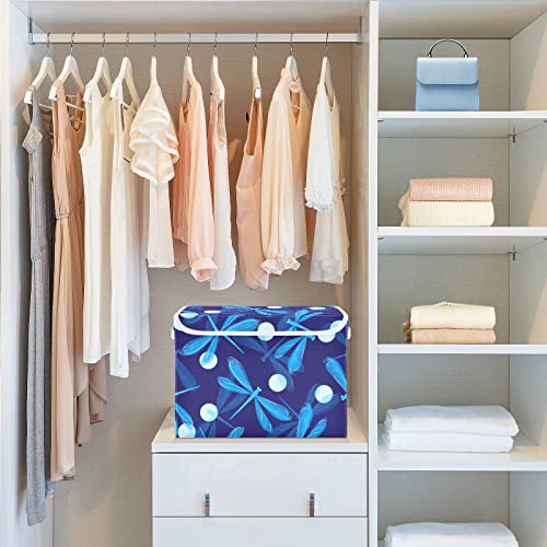 CaTaKu Cute Blue Dragonfly Storage Bins with Lids and Handles, Fabric Large Storage Container Cube Basket with Lid Decorative Storage Boxes for Organizing Clothes