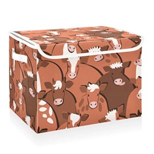 cataku cartoon cow animals storage bins with lids and handles, fabric large storage container cube basket with lid decorative storage boxes for organizing clothes