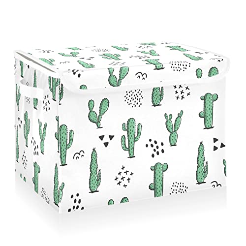 CaTaKu Cute Cactus White Storage Bins with Lids and Handles, Fabric Large Storage Container Cube Basket with Lid Decorative Storage Boxes for Organizing Clothes