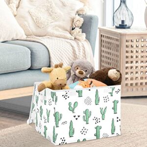 CaTaKu Cute Cactus White Storage Bins with Lids and Handles, Fabric Large Storage Container Cube Basket with Lid Decorative Storage Boxes for Organizing Clothes