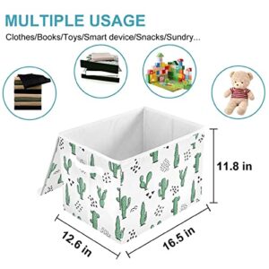 CaTaKu Cute Cactus White Storage Bins with Lids and Handles, Fabric Large Storage Container Cube Basket with Lid Decorative Storage Boxes for Organizing Clothes