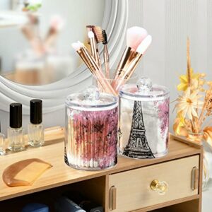 WELLDAY Apothecary Jars Bathroom Storage Organizer with Lid - 14 oz Qtip Holder Storage Canister, Pink Paris Tower Clear Plastic Jar for Cotton Swab, Cotton Ball, Floss Picks, Makeup Sponges,Hair Clip