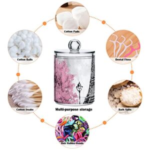 WELLDAY Apothecary Jars Bathroom Storage Organizer with Lid - 14 oz Qtip Holder Storage Canister, Pink Paris Tower Clear Plastic Jar for Cotton Swab, Cotton Ball, Floss Picks, Makeup Sponges,Hair Clip