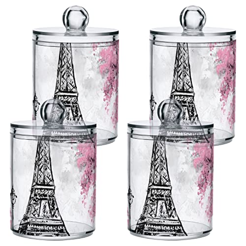 WELLDAY Apothecary Jars Bathroom Storage Organizer with Lid - 14 oz Qtip Holder Storage Canister, Pink Paris Tower Clear Plastic Jar for Cotton Swab, Cotton Ball, Floss Picks, Makeup Sponges,Hair Clip