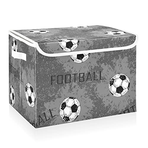 CaTaKu Gray Sport Football Storage Bins with Lids and Handles, Fabric Large Storage Container Cube Basket with Lid Decorative Storage Boxes for Organizing Clothes