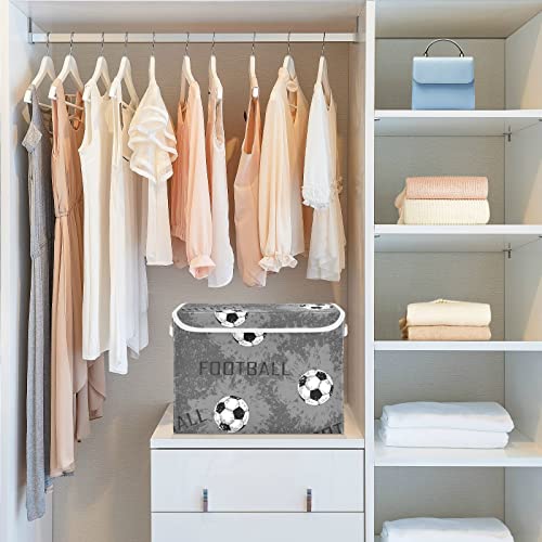 CaTaKu Gray Sport Football Storage Bins with Lids and Handles, Fabric Large Storage Container Cube Basket with Lid Decorative Storage Boxes for Organizing Clothes