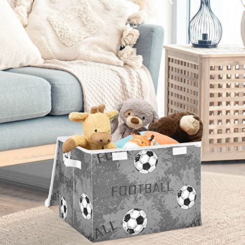 CaTaKu Gray Sport Football Storage Bins with Lids and Handles, Fabric Large Storage Container Cube Basket with Lid Decorative Storage Boxes for Organizing Clothes