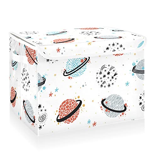 CaTaKu Cartoon Space Planet Star Storage Bins with Lids and Handles, Fabric Large Storage Container Cube Basket with Lid Decorative Storage Boxes for Organizing Clothes