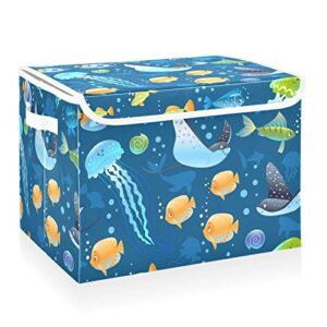 cataku blue sea fish storage bins with lids and handles, fabric large storage container cube basket with lid decorative storage boxes for organizing clothes