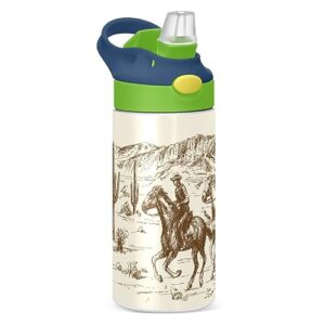 xigua west cow boy kids water bottle,vacuum insulated bottles with straw lid,leakproof stainless steel thermos bottles for girls and boys