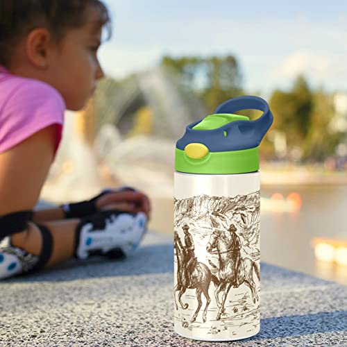 xigua West Cow Boy Kids Water Bottle,Vacuum Insulated Bottles with Straw Lid,Leakproof Stainless Steel Thermos Bottles for Girls and Boys