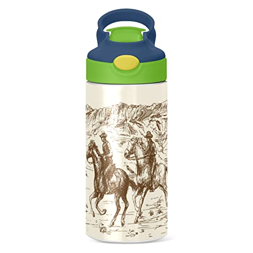 xigua West Cow Boy Kids Water Bottle,Vacuum Insulated Bottles with Straw Lid,Leakproof Stainless Steel Thermos Bottles for Girls and Boys