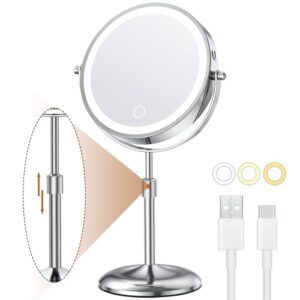 anfauny height adjustable makeup mirror with lights, 7" double sided 1x 10x magnification lighted makeup mirror, 3 color led dimmable, rechargeable cordless tabletop light up mirror, women gift