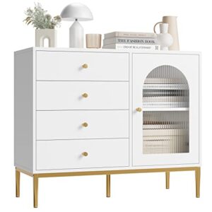 finetones white dresser, modern dresser white and gold dresser with waveform glass door and gold metal legs, gold dresser storage chest of drawers for home