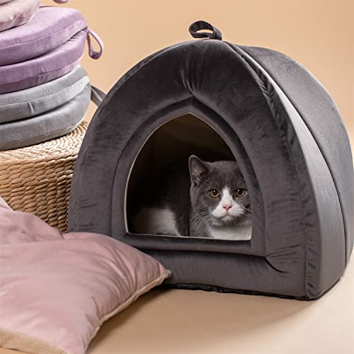 KASENTEX Cat Bed for Indoor Cats, 2-in-1 Cat House Pet Supplies for Kitten and Small Cat or Dog - Animal Cave, Cat Tent with Removable Washable Pillow Cushion (Dark Grey 15x15x15)