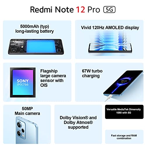 Xiaomi Redmi Note 12 Pro 5G + 4G (128GB + 8GB) Factory Unlocked 6.67" 50MP Triple Camera (Only Tmobile/Metro/Mint USA Market) + Extra (w/Fast Car Charger Bundle) (Porcelain White)