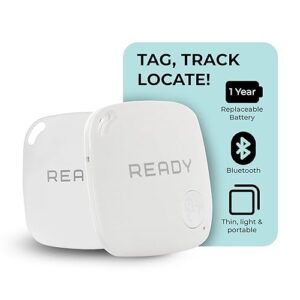 ready supplies - mini luggage tracker, slim key tracker and item locator, compact bluetooth tags, close proximity tracking up to 270 ft, replaceable battery, 2 pack, white