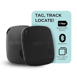 ready supplies - mini luggage tracker, slim key tracker and item locator, compact bluetooth tags, close proximity tracking up to 270 ft, replaceable battery, 2 pack, black