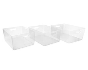 isaac jacobs 3-pack xl clear storage bin (13.9” x 10.6” x 5.75”) set w/ cut-out handles, plastic organizer, multi-use, home, office, pantry, closet, kitchen