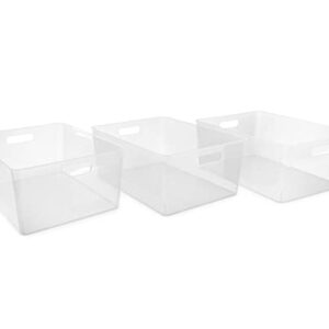 Isaac Jacobs 3-Pack XL Clear Storage Bin (13.9” x 10.6” x 5.75”) Set w/ Cut-Out Handles, Plastic Organizer, Multi-Use, Home, Office, Pantry, Closet, Kitchen