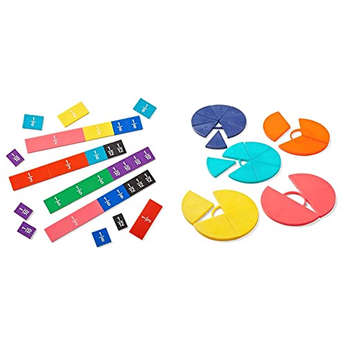 hand2mind Plastic Double-Sided Decimal and Fraction Tiles, (Set of 51) & Plastic Connecting Fraction Circles, Fraction Manipulatives, Unit Fraction, Rainbow Circle Math Manipulatives, (Set of 5)