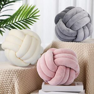 macarrie 3 pieces 8.6 inch knot ball pillow round throw pillow soft decorative plush cushion aesthetic knotted pillow home sofa floor bedroom photography decor (milk white, light gray, pink)