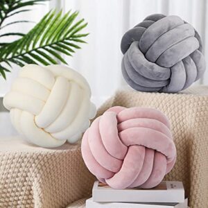 Macarrie 3 Pieces 8.6 Inch Knot Ball Pillow Round Throw Pillow Soft Decorative Plush Cushion Aesthetic Knotted Pillow Home Sofa Floor Bedroom Photography Decor (Milk White, Light Gray, Pink)