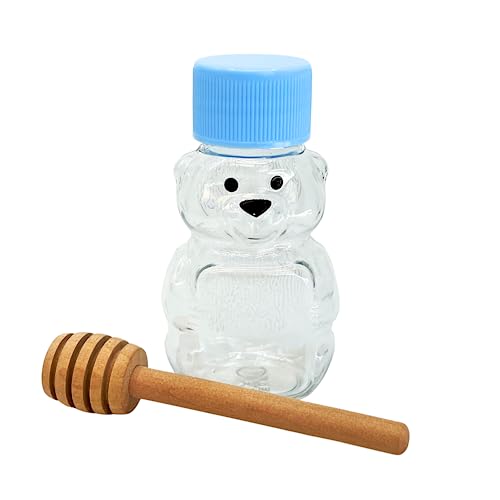 The Honey Jar - Empty 2 Ounce Honey Bears with Blue Cap and Pressure Sensitive Seal, Perfect for samples, baby shower, holiday. Mini Honey bears bottles with 3" wood honey dipper (20)