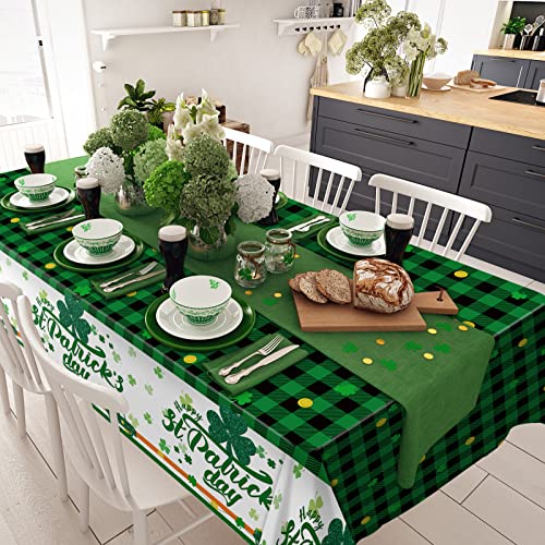 durony 2 Pack St Patrick's Day Tablecloth Green Shamrock Buffalo Plaid Table Cover Waterproof Plastic Tablecloth for St Patrick's Day Party Supplies Table Decorations, 108 x 54 Inch