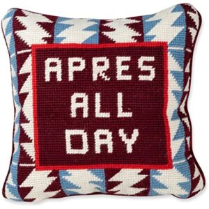 furbish handmade needlepoint decorative throw pillow - apres all day - 10" x 10" - small embroidered accent pillow for bed, chair, couch, sofa - aesthetic apres ski house decor