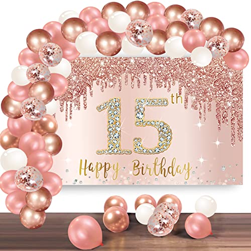 Happy 15th Birthday Banner Backdrop Decorations with Confetti Balloon Garland Arch, Rose Gold 15 Birthday Banner Balloon Set for Girls, Pink 15 Year Old Bday Poster Photo Booth Decor