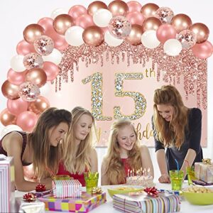 Happy 15th Birthday Banner Backdrop Decorations with Confetti Balloon Garland Arch, Rose Gold 15 Birthday Banner Balloon Set for Girls, Pink 15 Year Old Bday Poster Photo Booth Decor