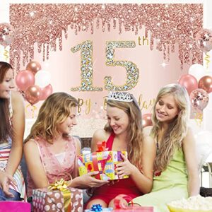 Happy 15th Birthday Banner Backdrop Decorations with Confetti Balloon Garland Arch, Rose Gold 15 Birthday Banner Balloon Set for Girls, Pink 15 Year Old Bday Poster Photo Booth Decor