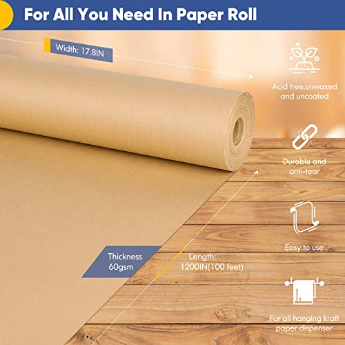 Brown Wrapping Paper, Craft Paper, Kraft Paper Roll 17.8"x 100ft (1200”), Gift Wrapping Bulletin Board Arts & Crafts, Bouquet Flower Floor Table Covering Poster Packing Paper Shipping Moving Supplies