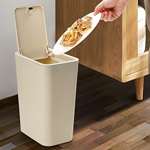 Fasmov Trash Can 2 Pack 7.5 Liter / 2 Gallon Plastic Garbage Container Bin with Press Top Lid, Waste Basket for Kitchen, Bathroom, Living Room, Office, Narrow Place (Gray + Apricot)