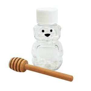 the honey jar - empty 2 ounce honey bears with white cap and pressure sensitive seal, perfect for samples, baby shower, holiday. mini honey bears bottles with 3" wood honey dipper (20)
