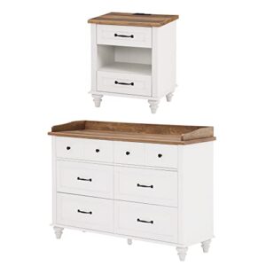 wampat 2 piece dresser and nightstand sets, white dresser & chests of drawers with 6 drawers, mid-century modern end table with charging station and solid wood legs, 2 piece bedroom set