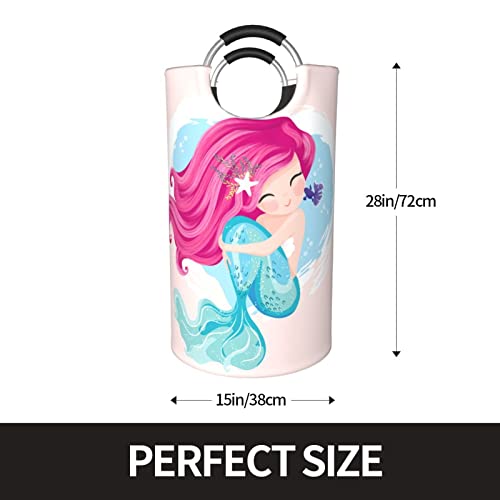 Duduho 82L Large Laundry Hamper Mermaid Girl Laundry Basket with Handles, Cute Round Storage Organizer Waterproof Tall Foldable Bucket Washing Bin for Toys Clothes