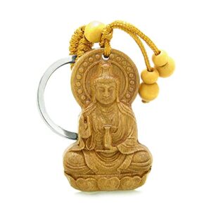 magic human car keys keychain - kwan yin quan blessing - goddess holding spiritual jar with eternal life elixir - the divine buddha and light amulet - cool feng shui sandalwood key ring
