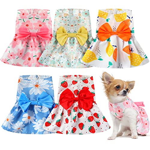 5 Pieces Dog Dresses for Small Dogs Girls Floral Puppy Dresses Pet Dog Princess Bowknot Dress Cute Doggie Summer Outfits Dog Clothes for Yorkie Female Cat Small Pets, 5 Styles (X Large)