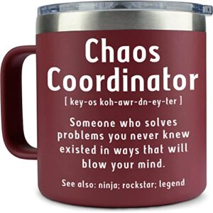 chaos coordinator mug tumbler - unique funny gift for boss women, men, manager, coworker, teacher, nurse - birthday christmas thank you gift - 14 oz coffee insulated mug