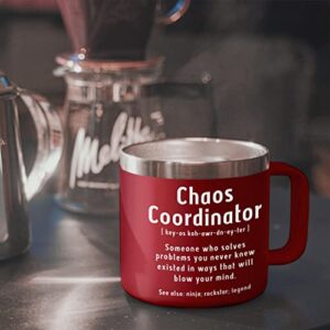 Chaos Coordinator Mug Tumbler - Unique Funny Gift for Boss Women, Men, Manager, Coworker, Teacher, Nurse - Birthday Christmas Thank You Gift - 14 Oz Coffee Insulated Mug