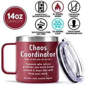 Chaos Coordinator Mug Tumbler - Unique Funny Gift for Boss Women, Men, Manager, Coworker, Teacher, Nurse - Birthday Christmas Thank You Gift - 14 Oz Coffee Insulated Mug