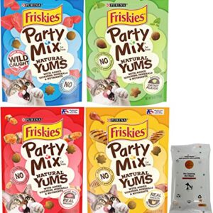 Aurora Pet Variety Pack (4) Friskies Party Mix Natural YUMS Cat Treats (Chicken, Salmon, Tuna and Catnip) 6-oz Each with AuroraPet Wipes