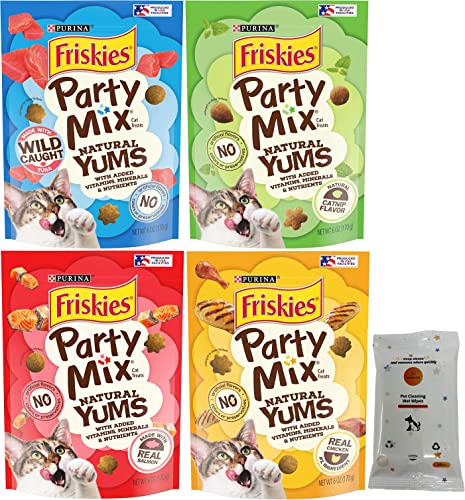 Aurora Pet Variety Pack (4) Friskies Party Mix Natural YUMS Cat Treats (Chicken, Salmon, Tuna and Catnip) 6-oz Each with AuroraPet Wipes