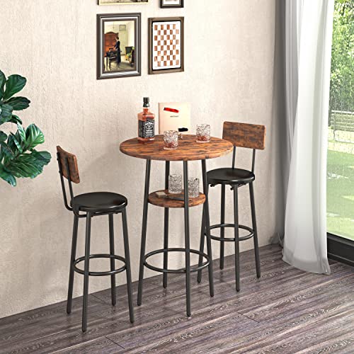 WIIS' IDEA 3-Piece Small Bar Dining Table Set for 2, Round Kitchen Table & 2 Barstools Chairs with PU Soft Seat and Backrest for Breakfast Nook, Small Space, Apartment, Rustic Brown