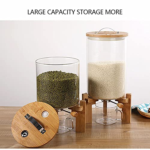 Flour and Cereal Container,5L/7.5L,Rice Dispenser,Glass Cereal Dispenser,Creative Glass Food Storge Container with Airtight Lid and Wooden Stand for Kitchen Pantry (5L)