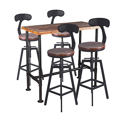 Diwhy 5 Piece Bar Table and Barstool Set Industrial Rectangular Pipe Dining Pub Bar Table and Kitchen Counter Height Adjustable Stool with Iron Backrest Black(1 Table + 4 Chairs)