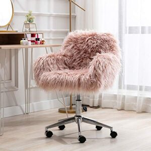 Lamerge Faux Fur Chair,Fluffy Upholstered Padded Seat,Adjustable Seat Height,Swivel Chair with Wheels,Perfect As Makeup Vanity Chair,Office Chair Pink