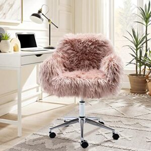 lamerge faux fur chair,fluffy upholstered padded seat,adjustable seat height,swivel chair with wheels,perfect as makeup vanity chair,office chair pink